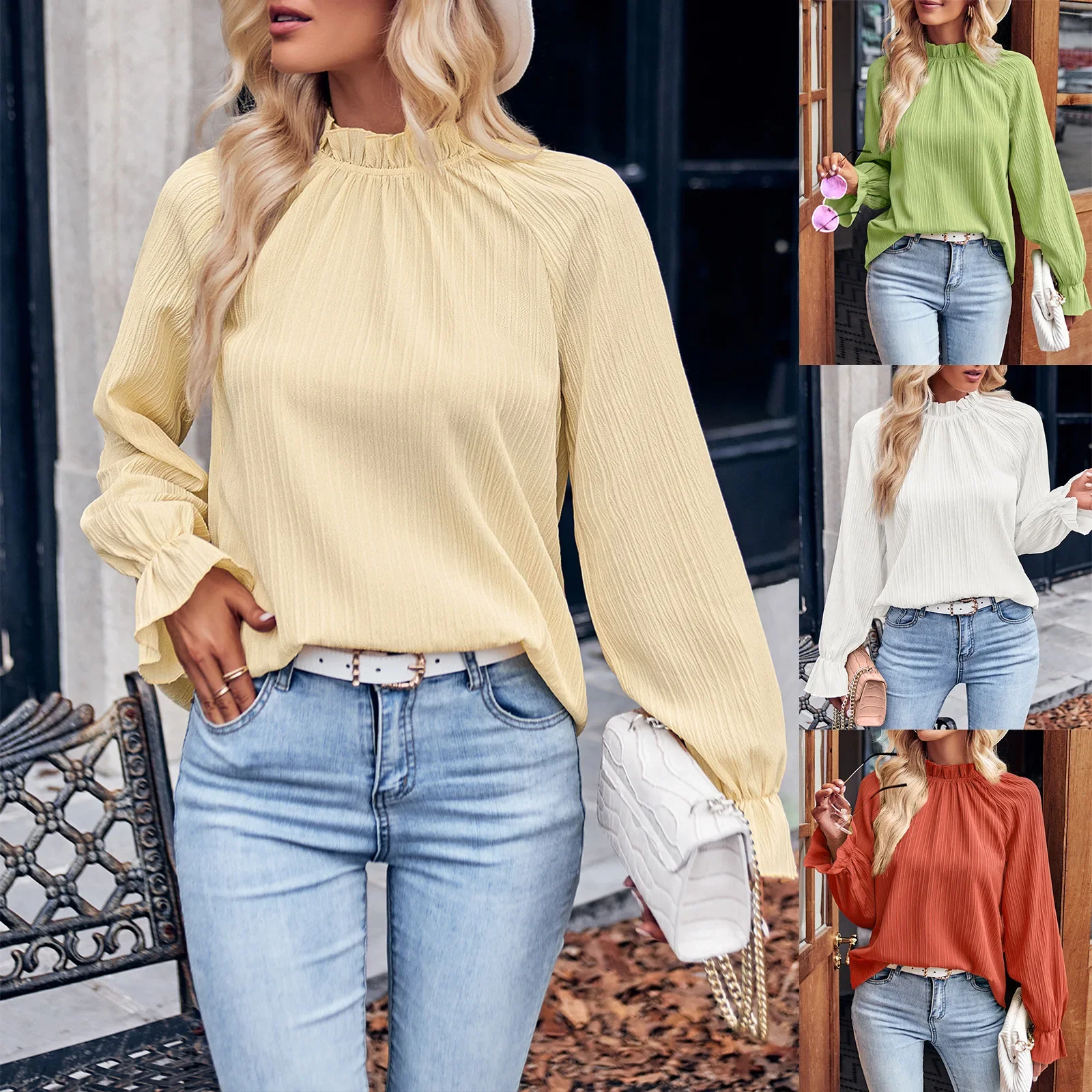 Elegant and Casual Women's Top Long-sleeved T-shirt Autumn and Winter 2024 New Fashion Solid Color Lotus Leaf Sleeve Trend