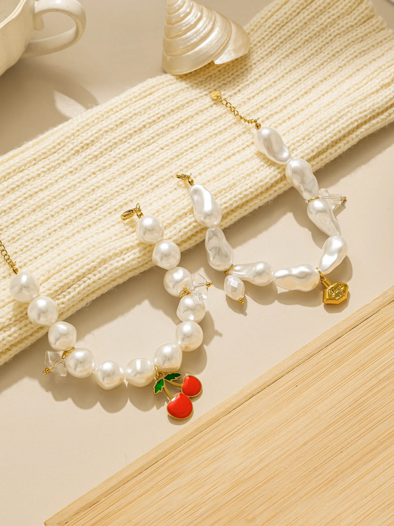 قلادة محفورة بشكل لطيف، صليب ماسي، قلادة كرزية، سوار سلسلة من اللؤلؤ، سلسلة ذهبية مكتنزة، مجوهرات عصرية وساحرة #1