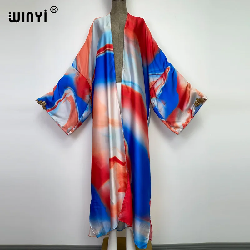 WINYI 2022 Autumn Colorful Printing Beach Wear Swim Suit Elegant Africa Women Boho Cardigan Sexy Holiday Long DressSleeve Kimono