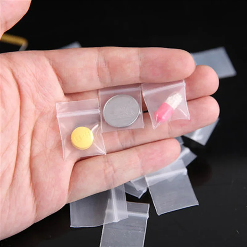 Mini sac en plastique transparent refermable, petit sac à fermeture éclair, boucle d'oreille, bague, bijoux, stockage de pilules alimentaires, emballage en poudres, 100 pièces