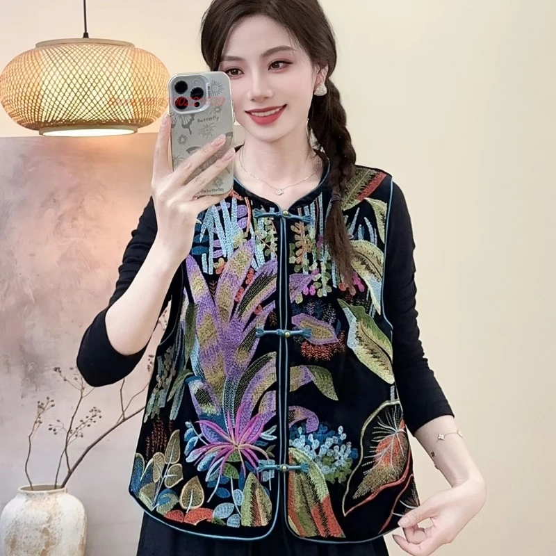 2025 الصينية التقليدية hanfu القمم خمر المخملية الشعبية سترة الوطنية زهرة التطريز جاكيت بلا إكمام العرقية س الرقبة سترة