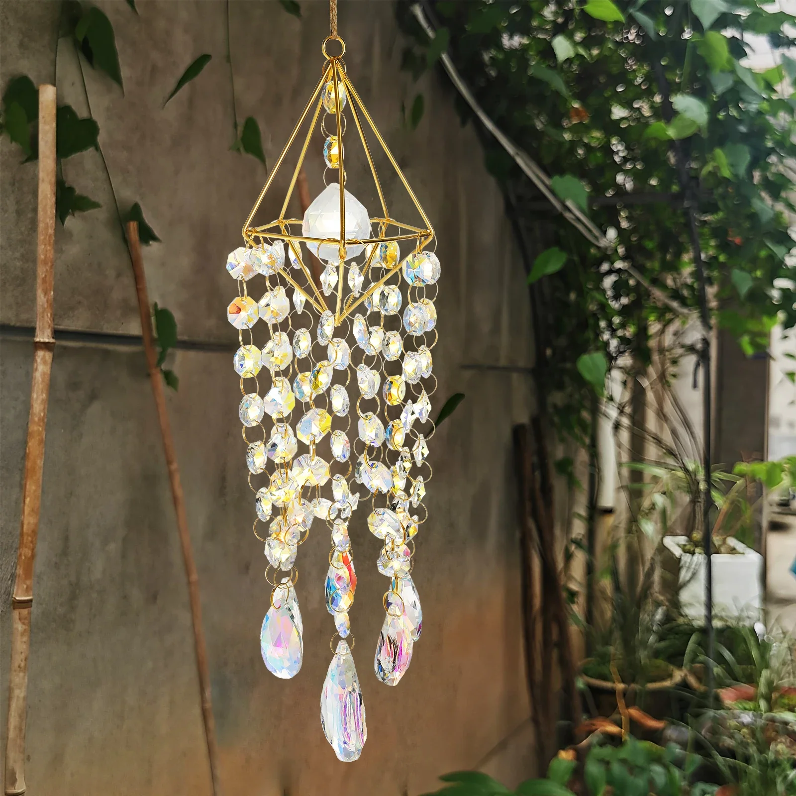 

Crystal Suncatchers Hanging Crystal Wind Chimes Handmade Gold Plated Crystal Prism Suncatcher Ornament for Home Window Garden
