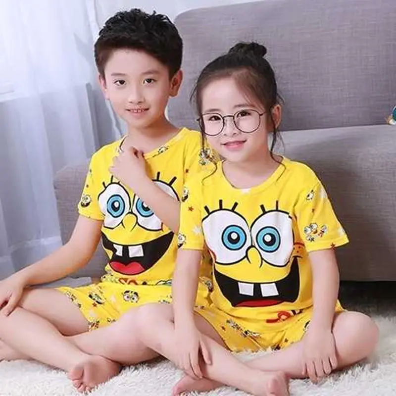 Cartoon Summer Short Sleeve Tops SpongeBob Cartoon Sets Boys Children Clothing Anime Summer  Cute Suit Sleepwear