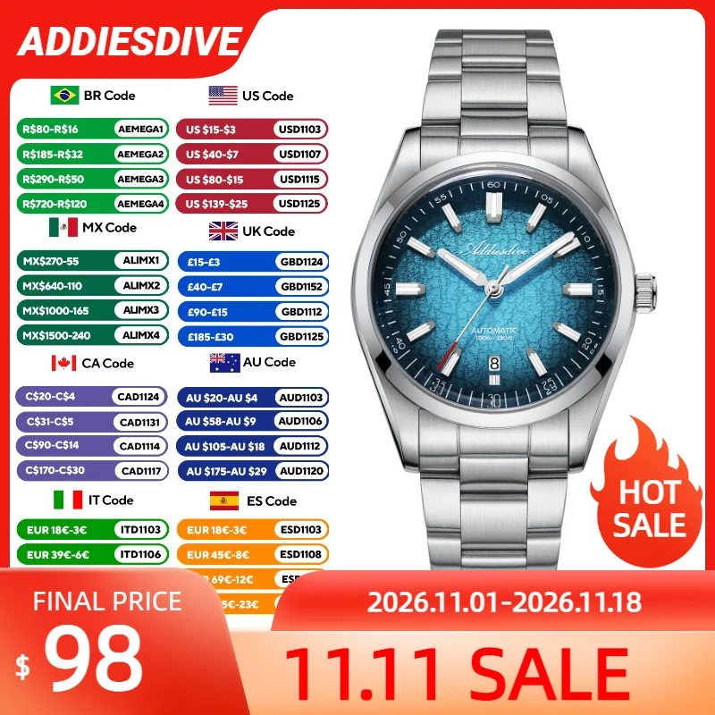 ADDIESDIVE Gradient Men's Watches Luxury Stainless Steel Automatic Mechanical Watches AD2531 Reloj Hombre K1 Mineral Glass Clock