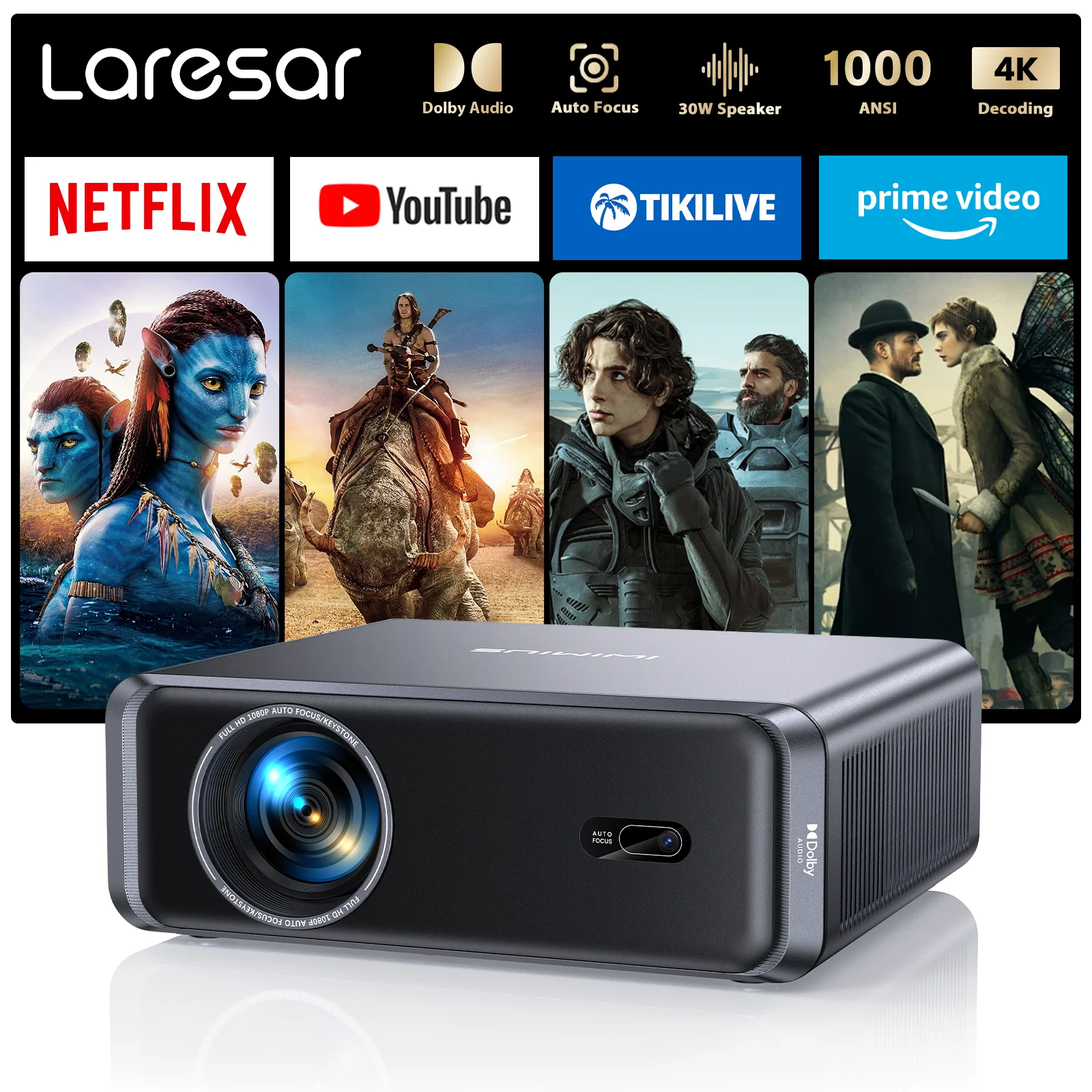 Laresar A1 Projector 4K 1000ANSI Official Netflix Linux Native 1080P Auto Focus/Keystone Dolby Audio WiFi6 BT5.2 Home Theater