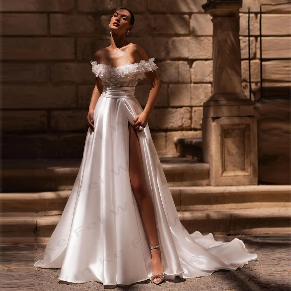 

Elegant Women's Wedding Dresses Satin A-Line Sexy Side High Slit Princess Bride Gowns Formal Beach Party Vestidos De Novia Robe