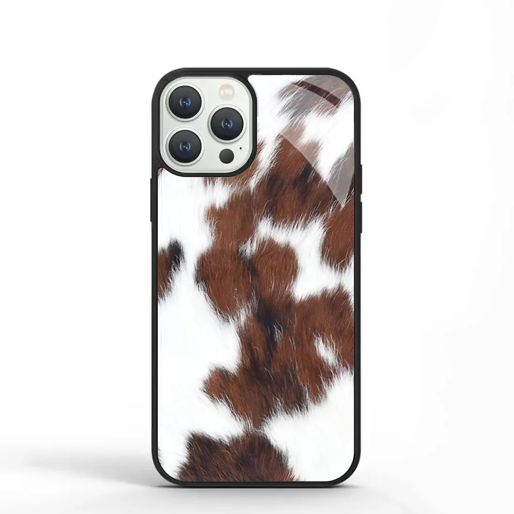 Bruin Gevlekte Koeienhuid Telefoon Case Voor IPhone 11 12 13 14 15 Plus Pro Max Spiegel Acryl PC TPU Cover