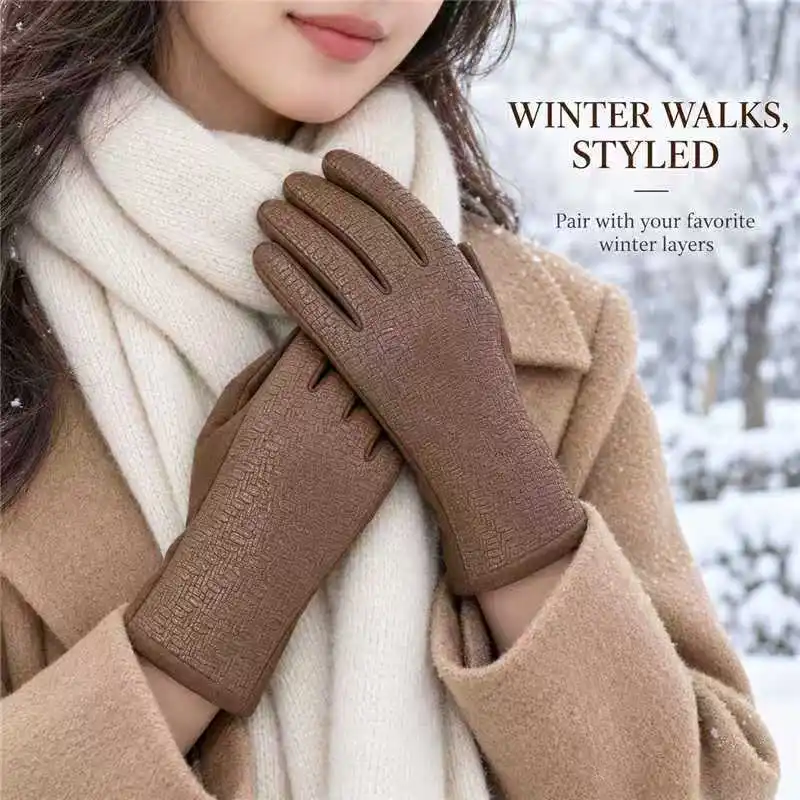 Women's Soft Protein PU Printed Back Five Finger Gloves,Warm and Stylish,Great for Daily Wear and Motorcycle Riding in Cold Days