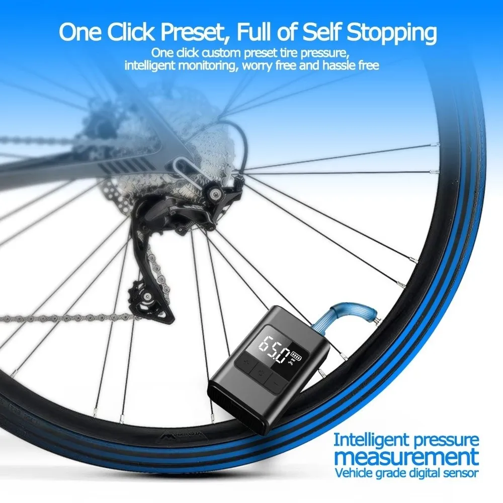 

Портативный мини-электрический велосипедный насос 120PSI USB-C перезаряжаемый электрический велосипедный воздушный насос 1300 мАч надувной насос высокого давления MTB Road