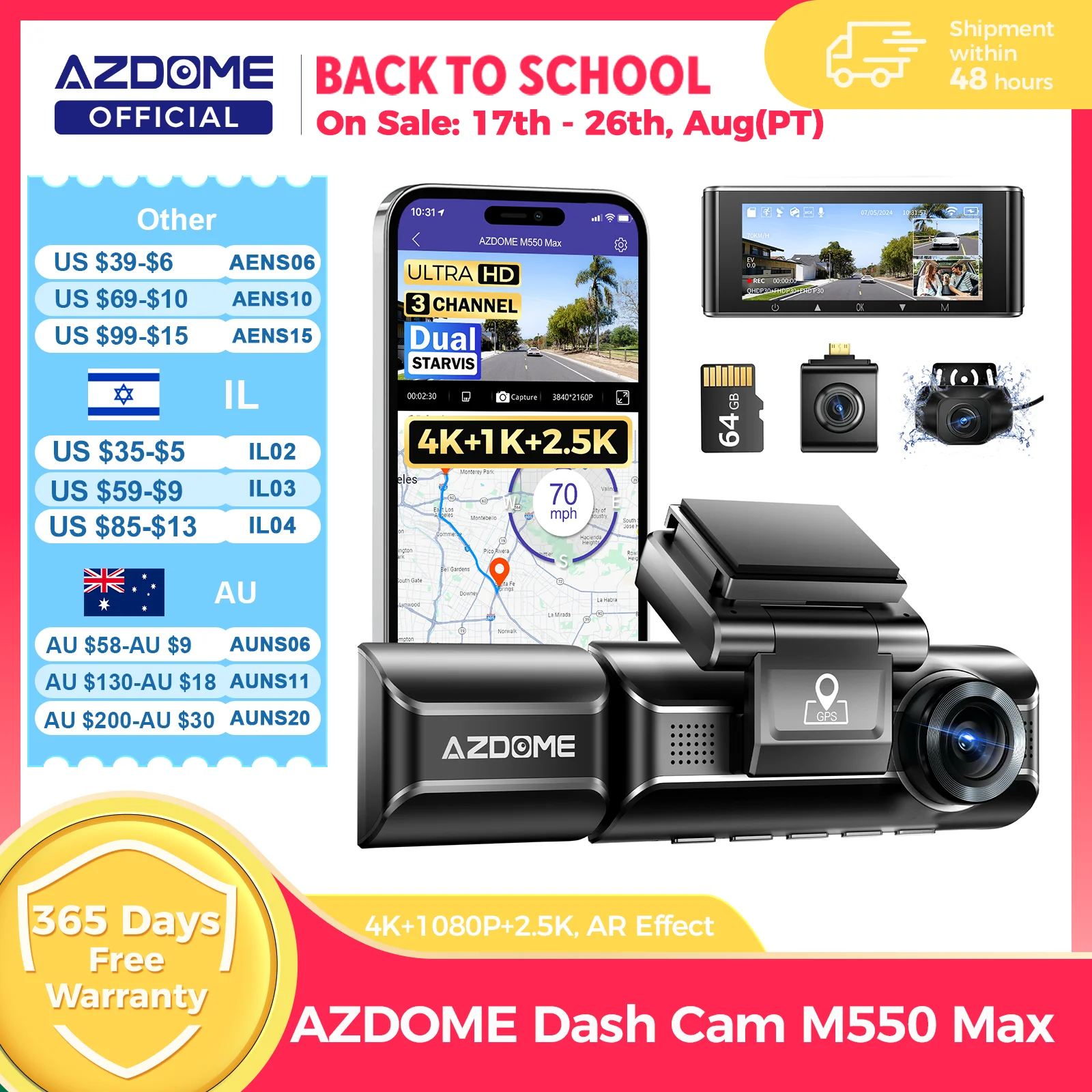 AZDOME 4K 대시 캠 M550 Max 내장 GPS Wifi 카메라 자동차 DVR 3.18