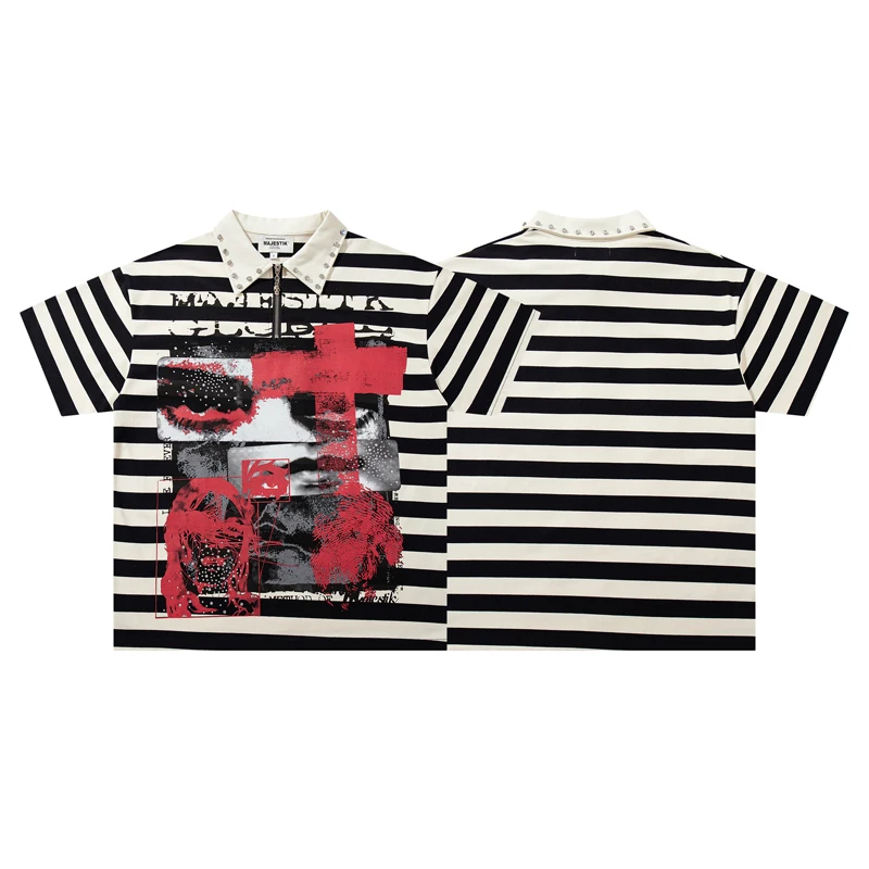 High Street Diamond Studded Lapel T-shirt Washed Do Old Striped Short Sleeved Top Majestik Short Sleeved Shirt