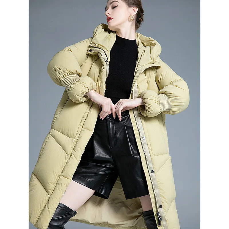 Luxury Design Women's Apparel Winter New 90% White Duck Down Thicken Hooded Oversized Fashion Slim-Fit Long Down Coat for Women