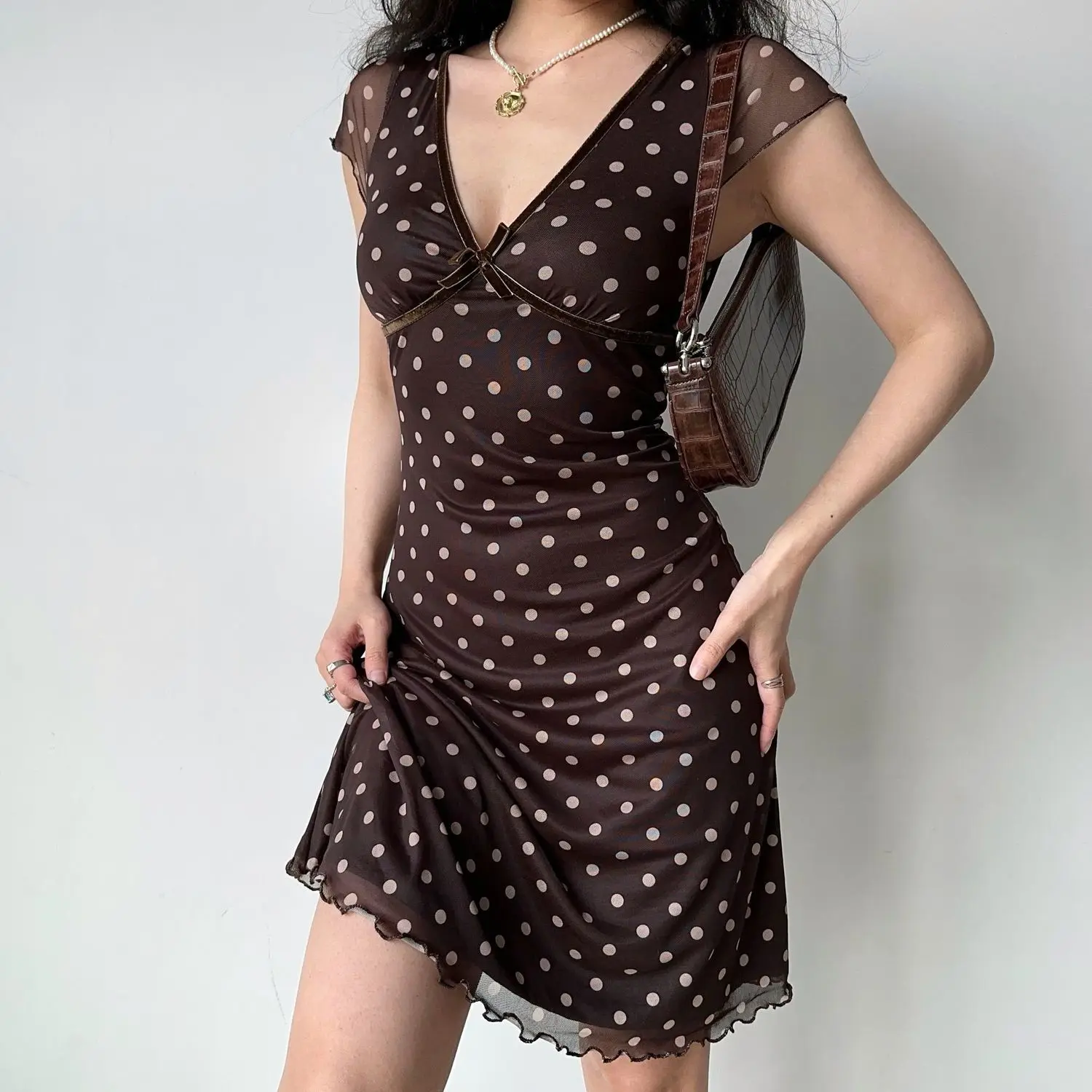 

2025 V Collar Polka Dot Short Sleeved Mesh Printed Dress For Women Slim Fit A-line Waist Cinching Short Skirt
