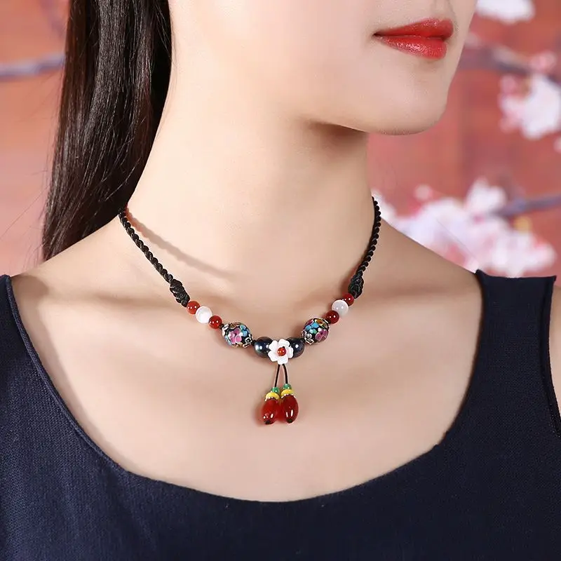 Ethnic Style Agate Necklace Short Women's Retro Style Clavicle Chain Rope Pendant Jade Neck Chain Cheongsam Neck Decoration