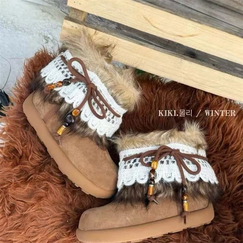 Vintage Bow Lace Fleece Snow Boots Women Winter Fashion Cozy Warm Flat Heel Round Toe Design Stylish Fall Winter Footwear New