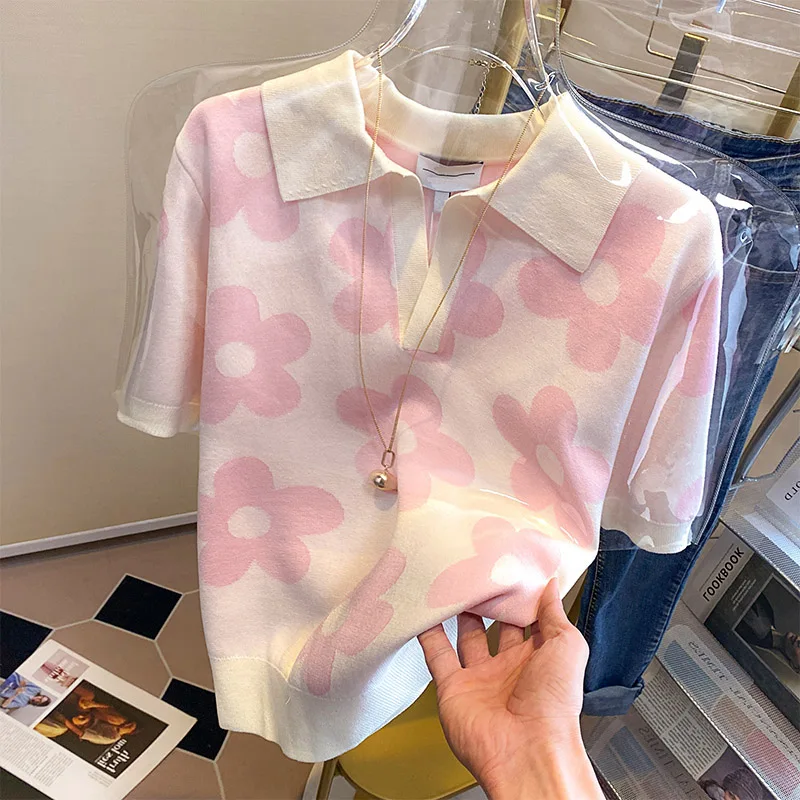 

Ele Ne Knitted Ice Silk ort Sve T-irt Casual Summer Sle Loose Fit Color Blo Floral Pattern Women's Top