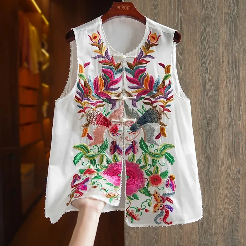 Vintage Button FashionAble Waistcoat Vest For Female Heavy Industry Chic Style Embroidery Beaded High-end Silk New Chinese Top