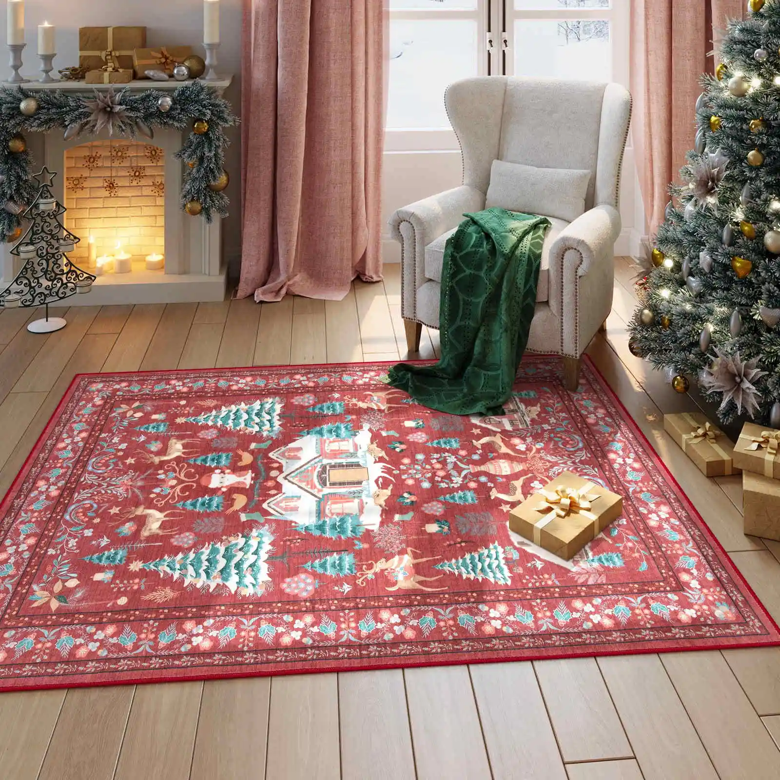 Türkiye Persian Living Room Carpet Retro Christmas Tree Bedroom Bedside Rug Hotel and Homestay Christmas Decoration Rug Non Slip