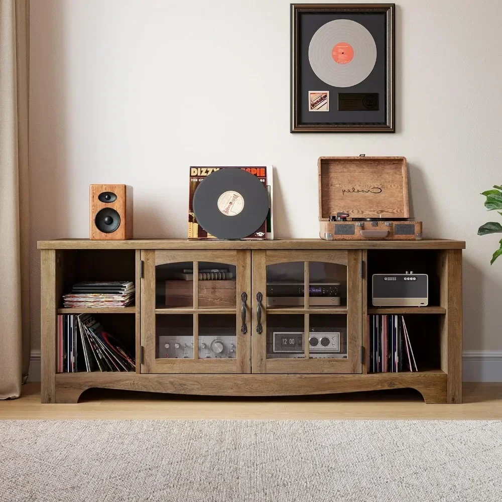 Farmhouse TV Stand , Wood Entertainment Center with Glass Door Storage Cabinet & Adjustable Shelves,TV Stands