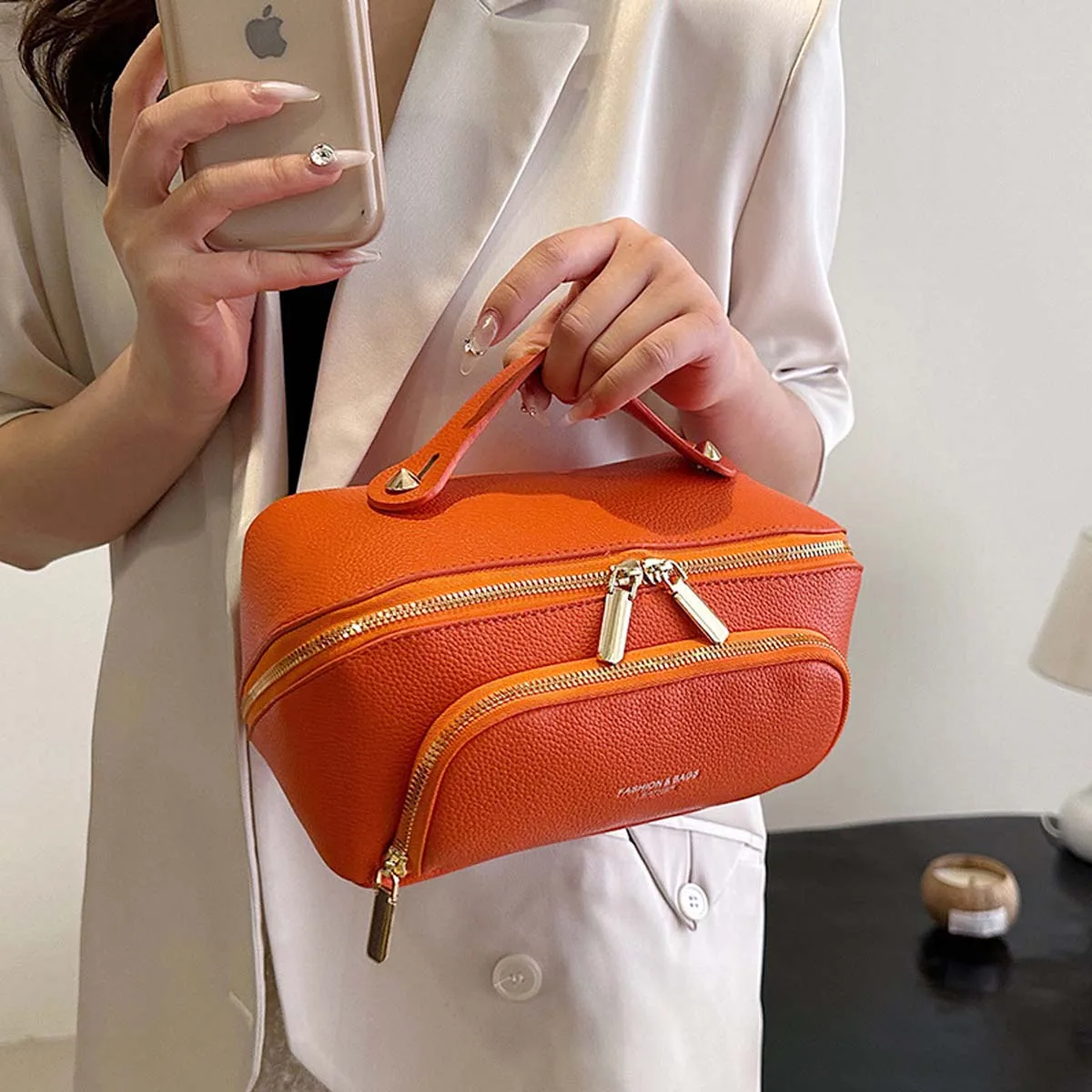 PU leather Cloud makeup bag pillow Large capacity portable makeup case Travel toiletry bag Cosmetics storage bag lychee pattern