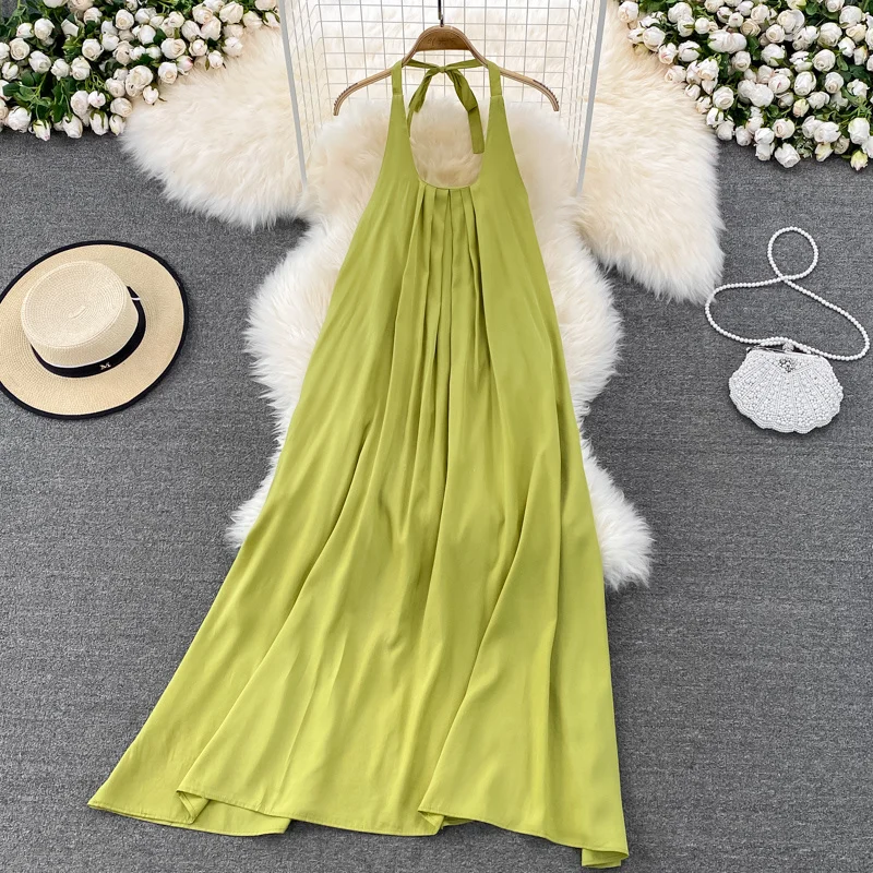 ssTss Hanging Neck Sexy Backless French Avocado Green Dress Female Xia Sanya Photo Seaside Holiday Beach Skirt Long Skirt