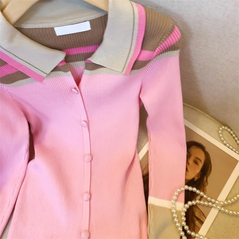 ​​Elegant Pink Blazer Style Knit Top Soft Fitted Cardigan Contrast Collar Versatile Chic Office Wear for Early Fall 2026