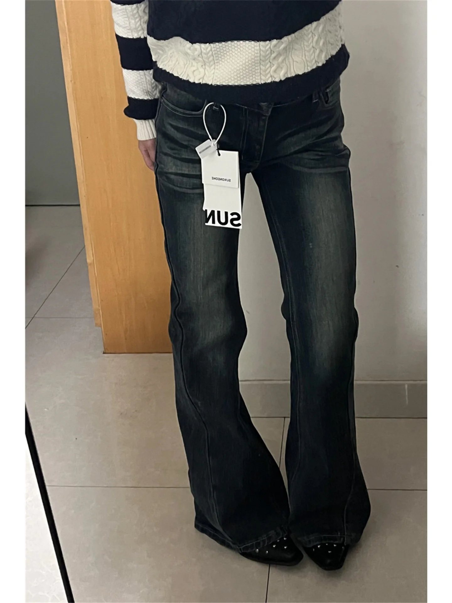 

American Style Retro Deep Blue Low Waist Bell Bottom Jeans Women's Slimming Design Versatile Floor Length Casual Cotton Pants