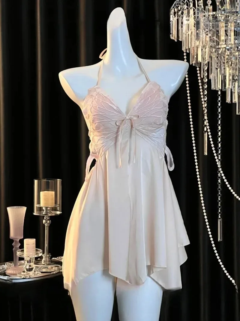 

Gentle Pure Sensual Hot Girl Backless Sleeping Dress,Bow Embroidery with Chest Cushion,Outer Robe Set for Women,Romantic and