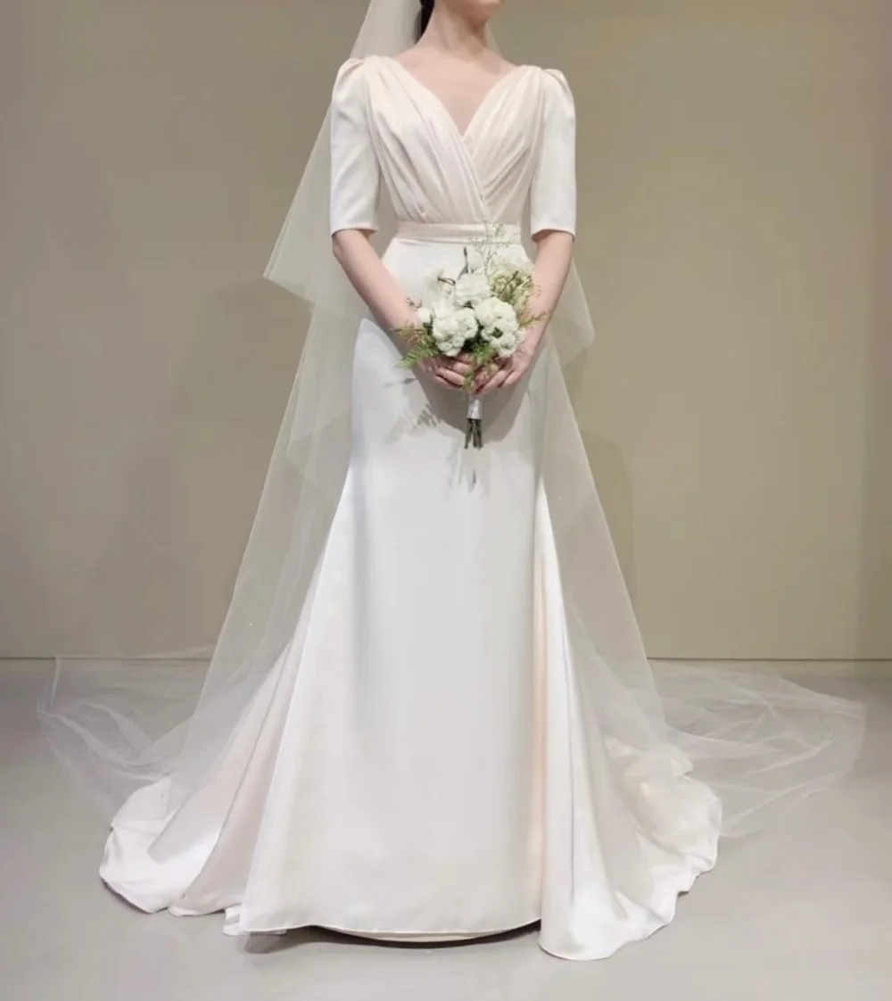 2022 novo design v pescoço varredura trem vestido de casamento meia mangas cetim macio sereia sem costas coreano simples vestidos de noiva 웨gowns gowns gowns gowns