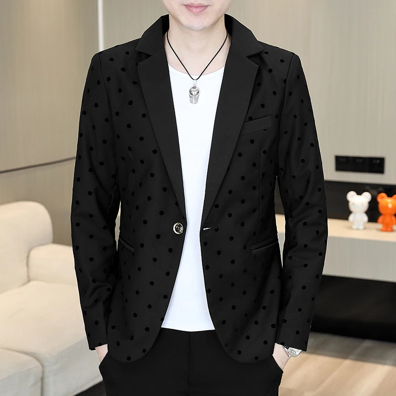 High Quality Fashion Korean Suit Male Youth Leisure Polka Dot Flocking Heavy Craft Slim-fit Fashion Single  Men Blazer Slim Fit