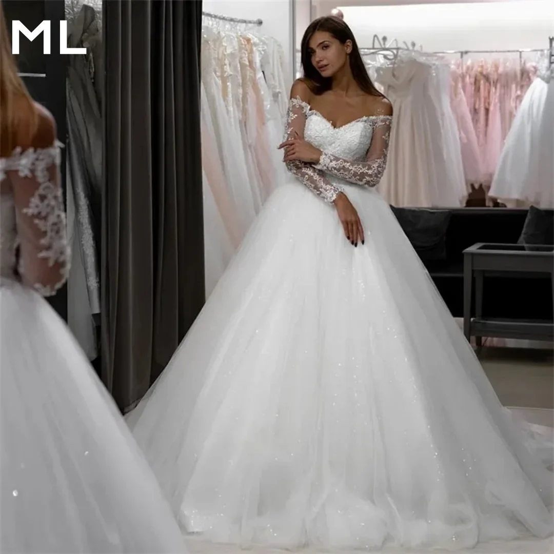 

ML Customized Sparkly Sequins Wedding Dresses Sweetheart Long Sleeves Bridal Gowns Princess A Line Bride Dress Vestido De Novia