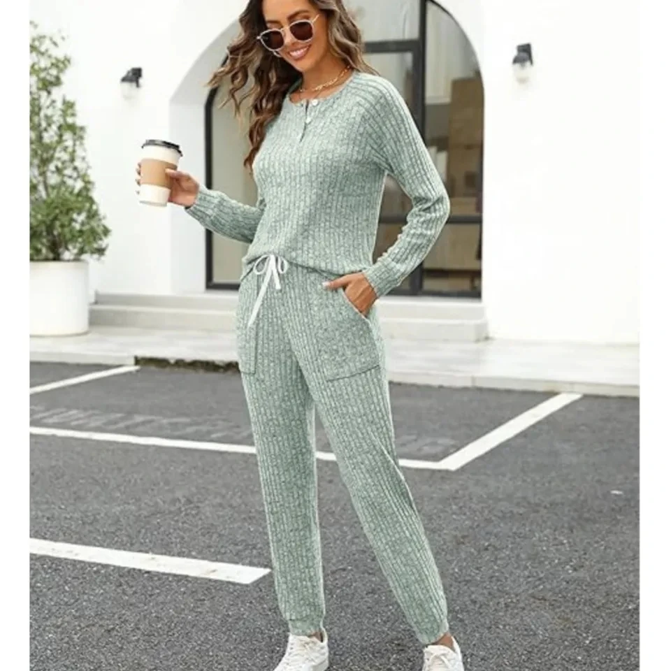 New Autumn Winter Knitted Trousers 2 Piece Set For Women Casual Pocket Suit Fashion Lace-up Sweatshirt Trousers Female Suit 2025