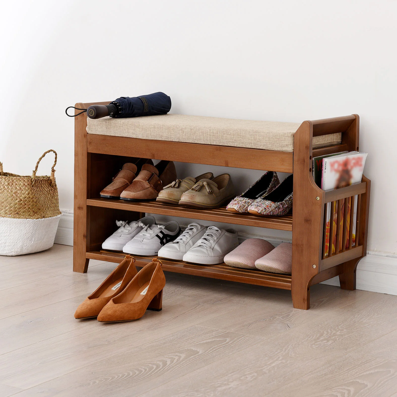 2-Tier Entryway Bamboo Shoe Bench with Seat Cushion Shoes Rack Organizer Cabinet Removable Cushion Entryway Organizer Shelf