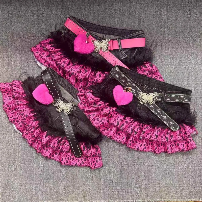 Rose Red Vintage Denim Patchwork Skirt Sweet Spicy Girl Pink Black Contrast Hem Outfits Causal Music Festival Clothing 2026 New
