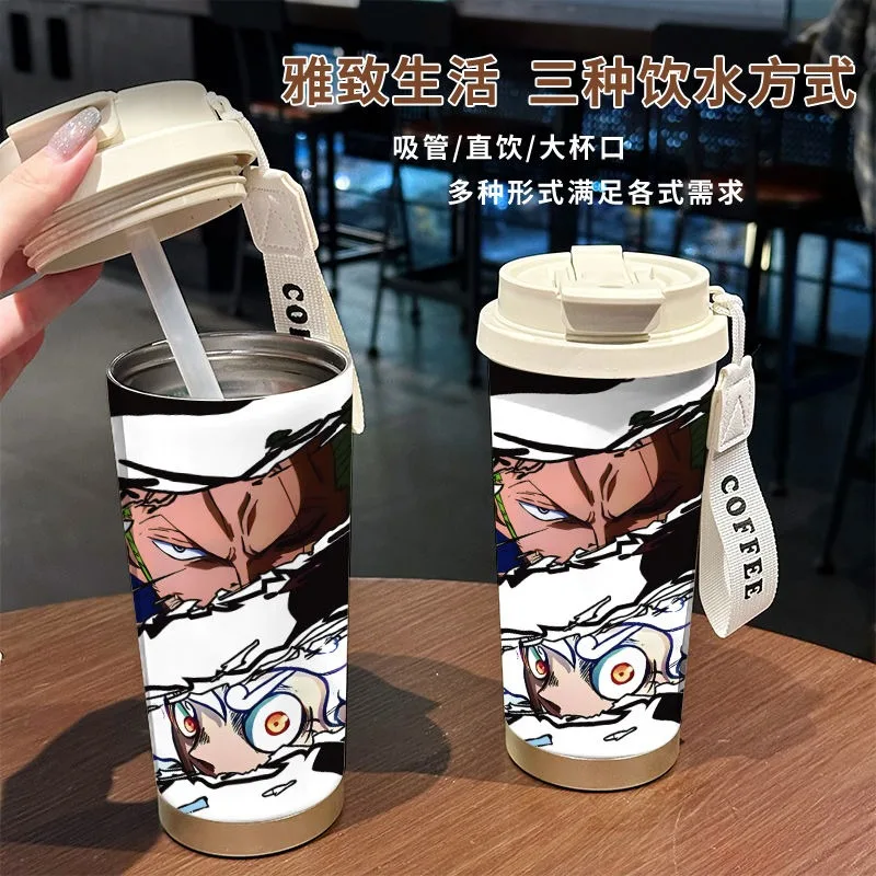 New 520ML Cartoon One Piece Anime Luffy Zoro Thermos Cup Ins Stainless Steel Thermos Straw Coffee Cup Holiday Gifts