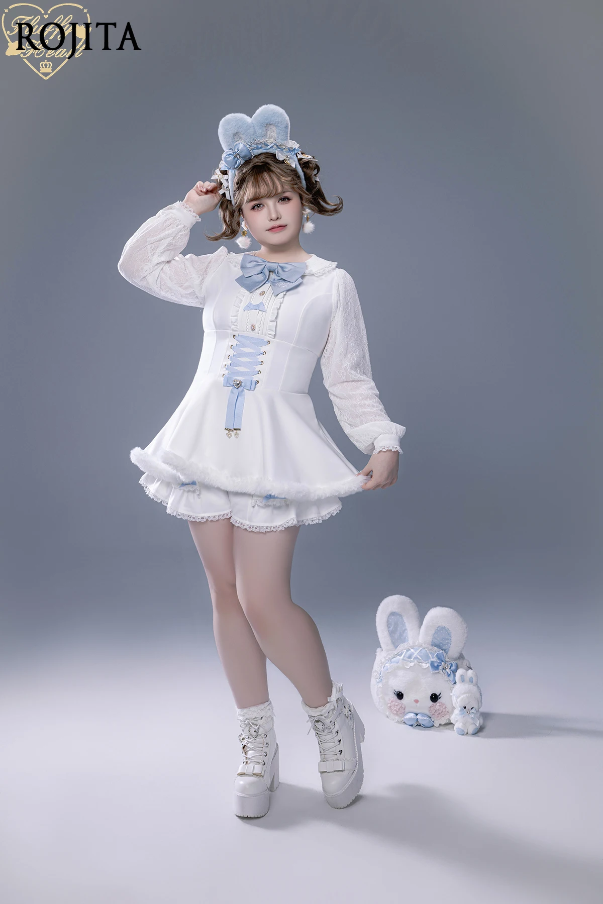 

Aqua and White Lolita Plush Dress Set Women Japanese Style Cute Girl Long Sleeve Skirt Hem Top and Shorts + Cape + Brooch