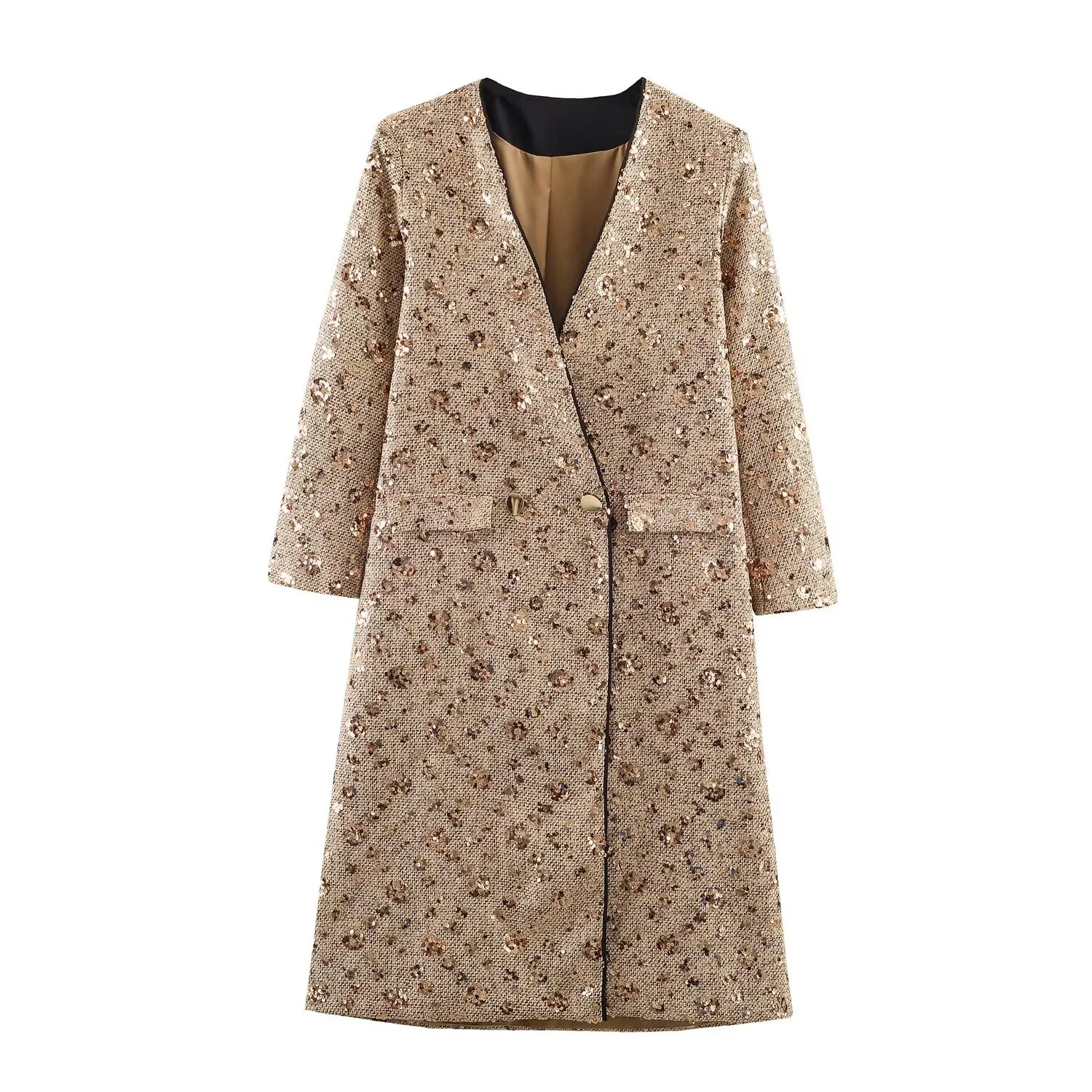 

2026 Winter New Women's Fashionable Elegant Simple Casual V-neck Long-sleeved Sequined Chunky Fabric Long Coat