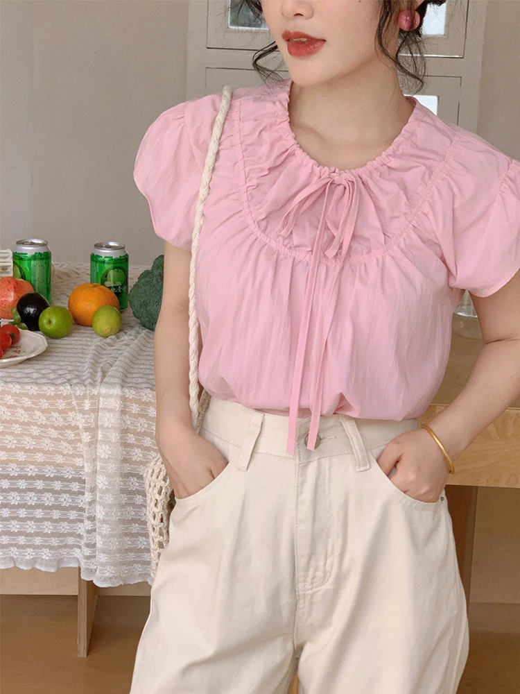 

Yuan Ying Lightweight Design Loose Short Sleeve Shirt Women Summer Small Size Short Style Top Commute Style Bubble Sleeve