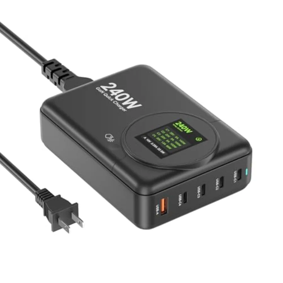 

240W GaN 5-Port USB C Charger with 140W Max PD 3.1 Port LED Display Desktop Charging Station Adapter for MacBook Pro/Air M3/M2/