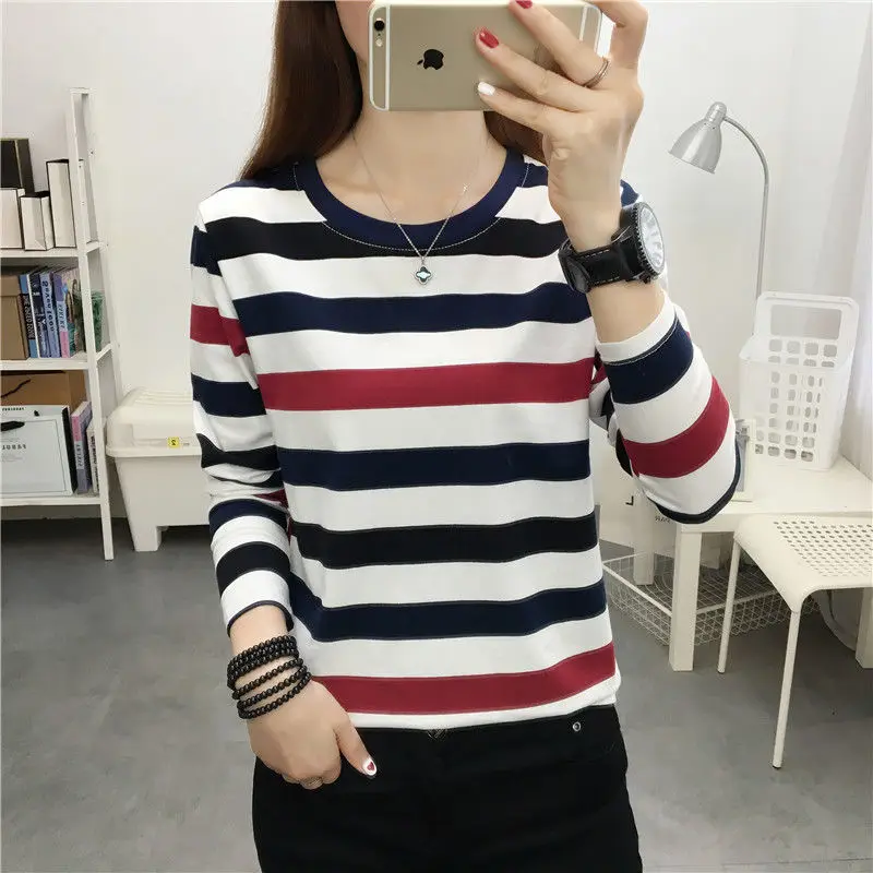 Office Lady Round Neck Striped Long Sleeve Pullover Women\'s Clothing T-shirt Casual Spring Autumn Contrast Color All-match Tops