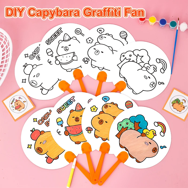 

10Pcs Cartoon Cute Capybara Graffiti Painting Summer Fan Toys Creative Round Hand Fan Blank Graffiti Hand Fan Party Kids Gifts
