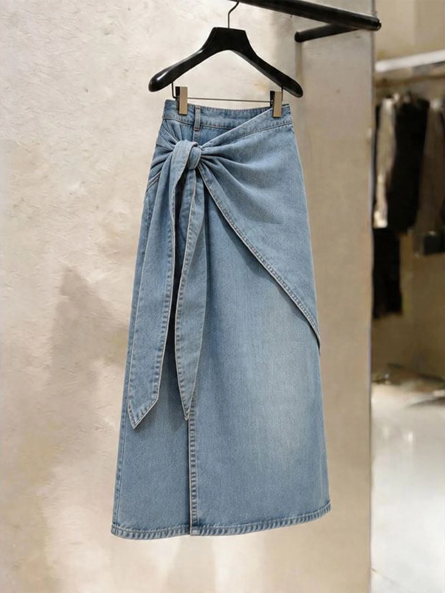Blue High Waist Denim Skirt Women's Fashionable Slimming Wrap Design Autumn New Style European Style Casual A-Line Skirt