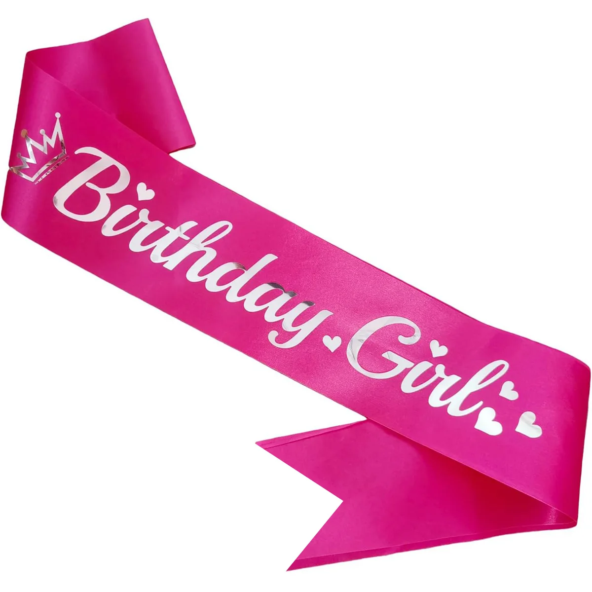 Smooth Hot Pink Satin Birthday Girl Sash with Crown Hearts Print Birthday Celebration Decor view 3