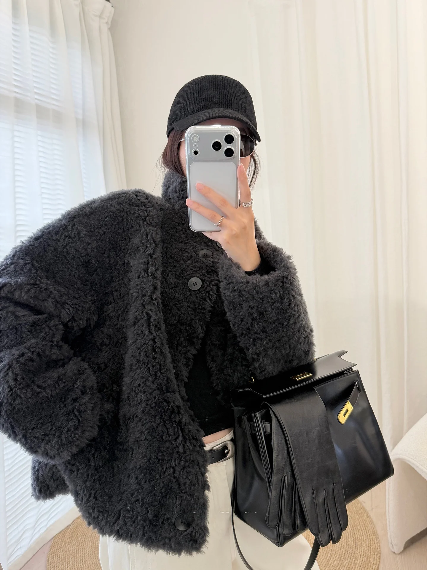 

MUCCHIC Blacurrant Stand Collar eepskin ort Fur Jaet Inteated Leather And Fur Coat Vintage Sle Women's Outerwear
