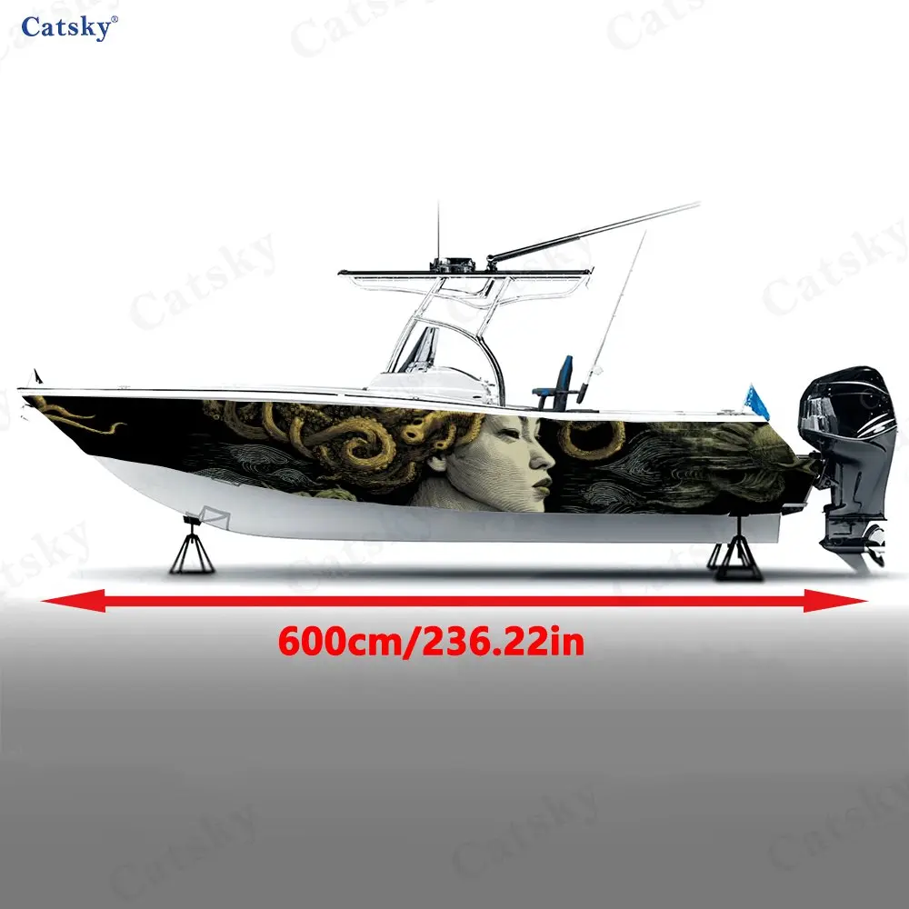 2Pcs Boat Exterior Graphic Decal, Octopus Siren Black & Gold Design, Waterproof Long-Lasting Vinyl, Perfect for Yachts