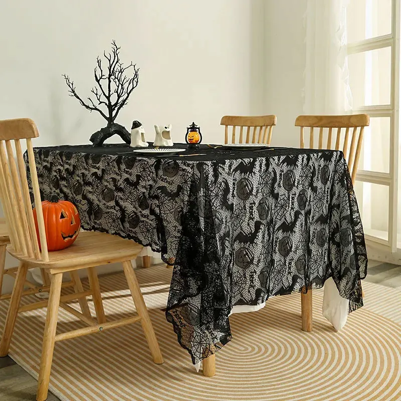 1-teilige Halloween-Spitzen-Tischdecke, Fledermaus-Netz, Totenkopf-Muster, rechteckige Form für Party-Dekoration, Spukhaus-Kürbis-Design