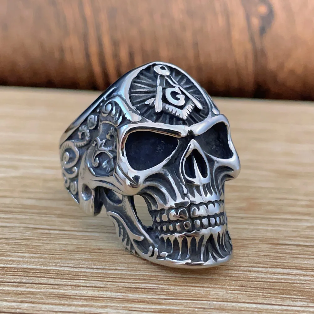 316L Stainless Steel Retro Masonic Skull Ring Men Fashion Punk Floral Pattern Letter G Ring Biker Amulet Jewelry Gift Wholesale