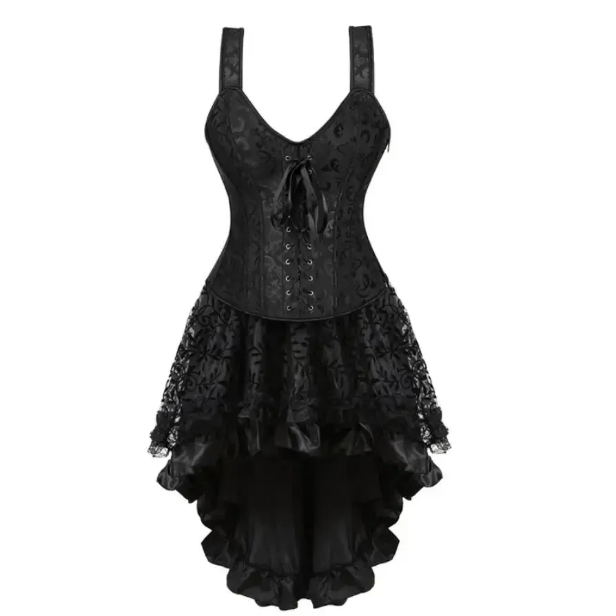 Women Gothic Corset Dress Embroidery Floral Overbust Corset Vest Renaissance Blouse Asymmetrical Lace Skirt Set Plus Size