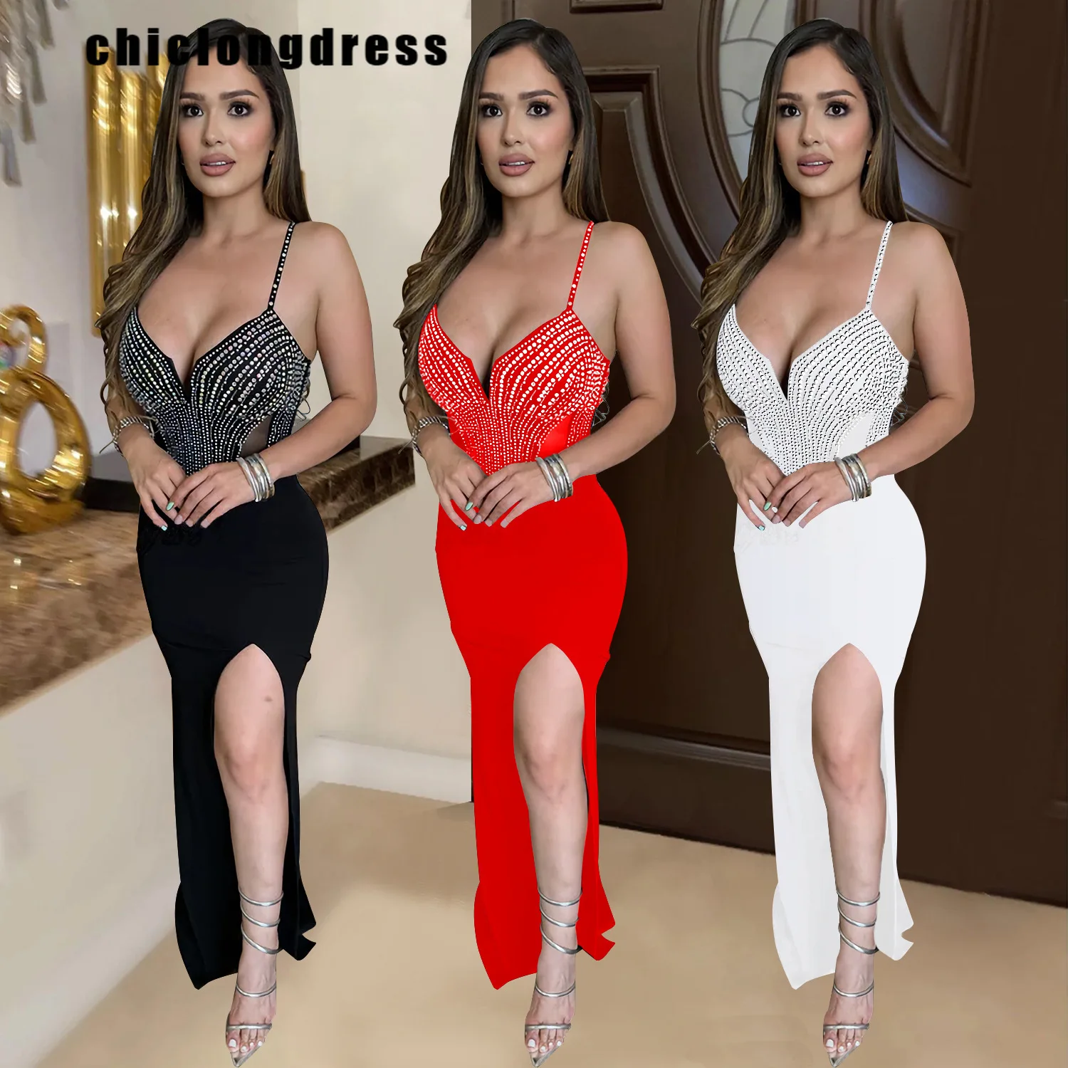 

Summer Sexy Diamond Suspender Slit Dress Women Fashion Nightclub Style Diamond Suspender Party Dress Women