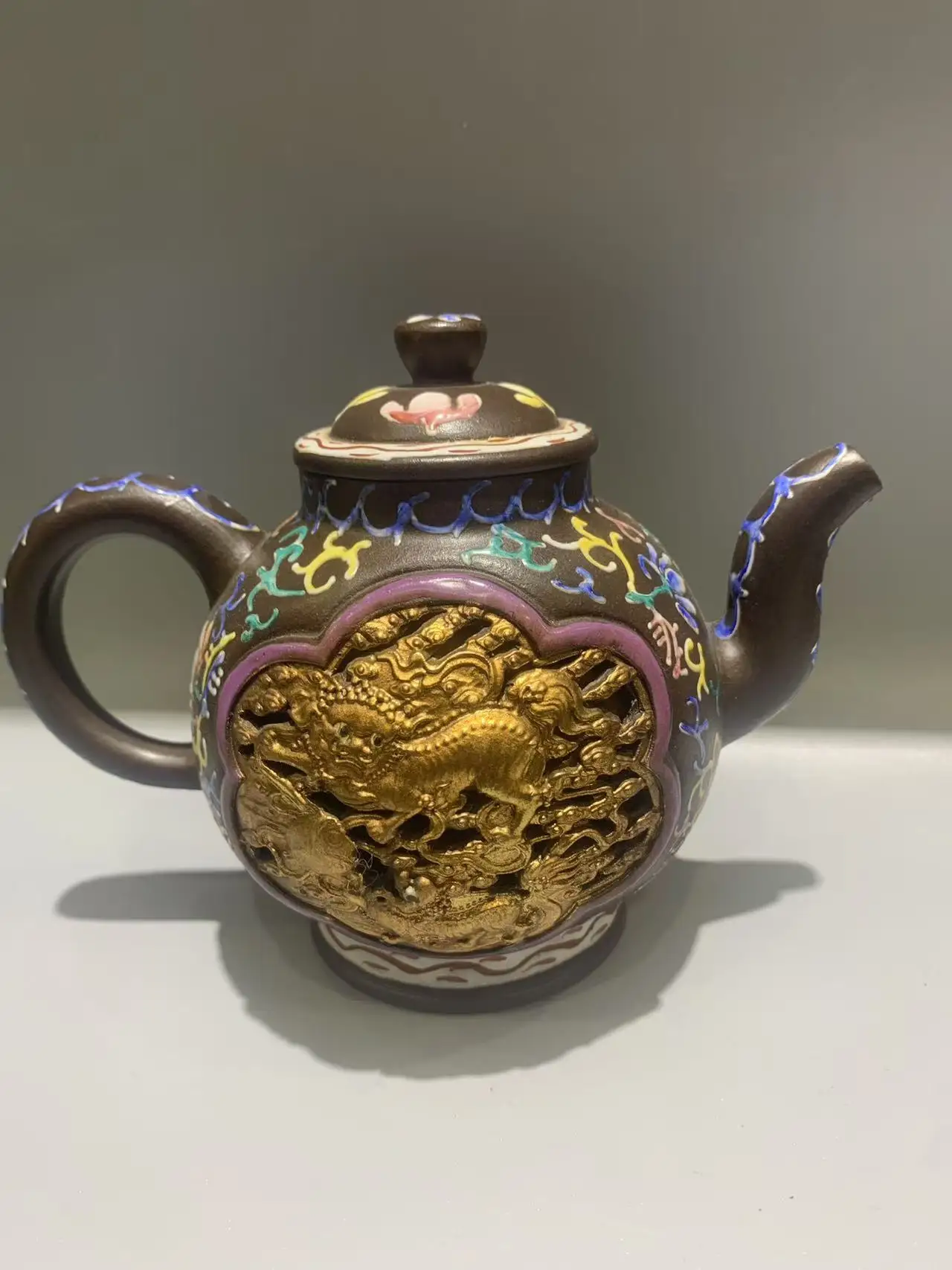 Old Chinese Handcraft Enameled  YiXing Zi Sha Clay  (yellow stoneware) Teapot,Six-sided gilded polychrome painting